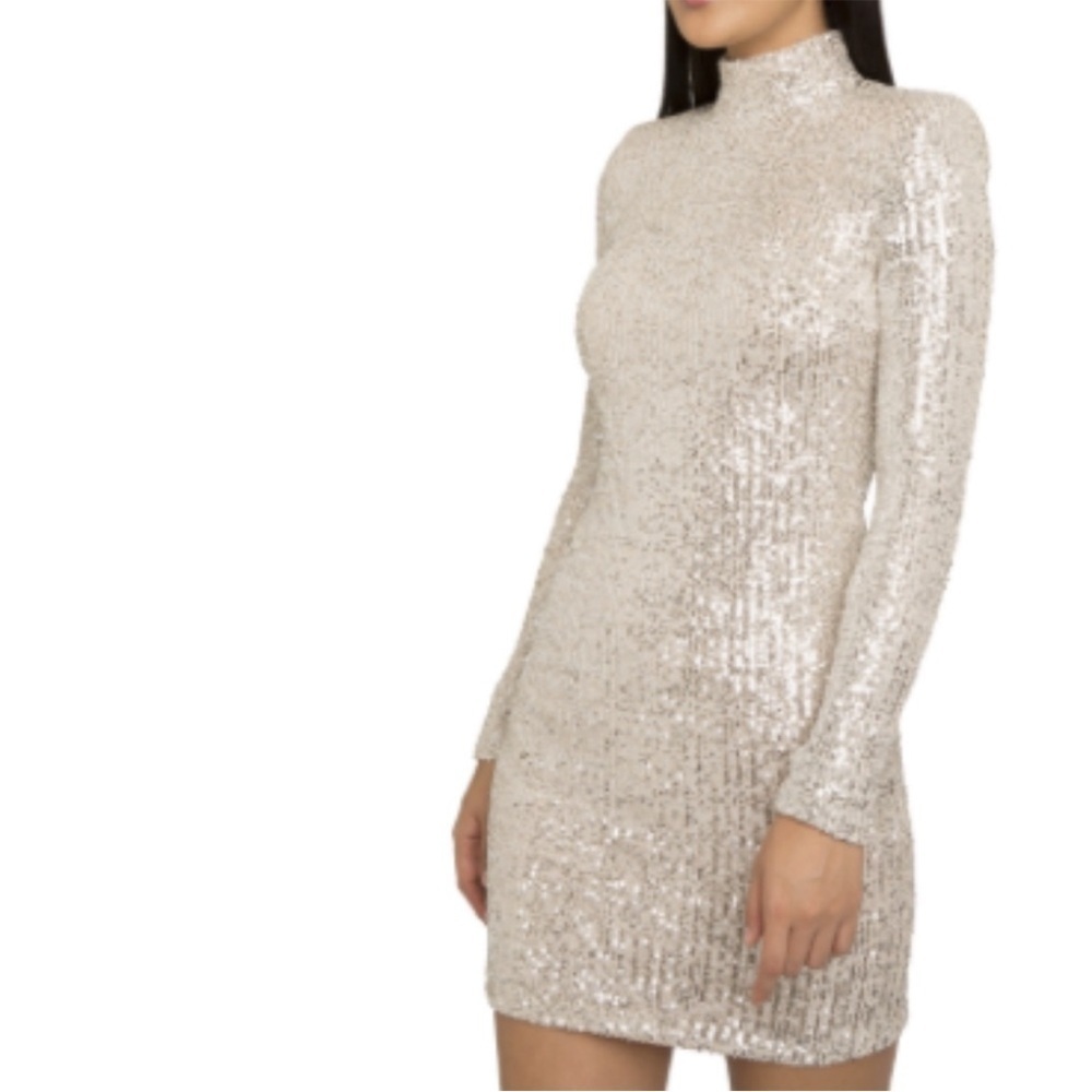 Black Halo Champagne Sequin Long Sleeve Bodycon Dress
